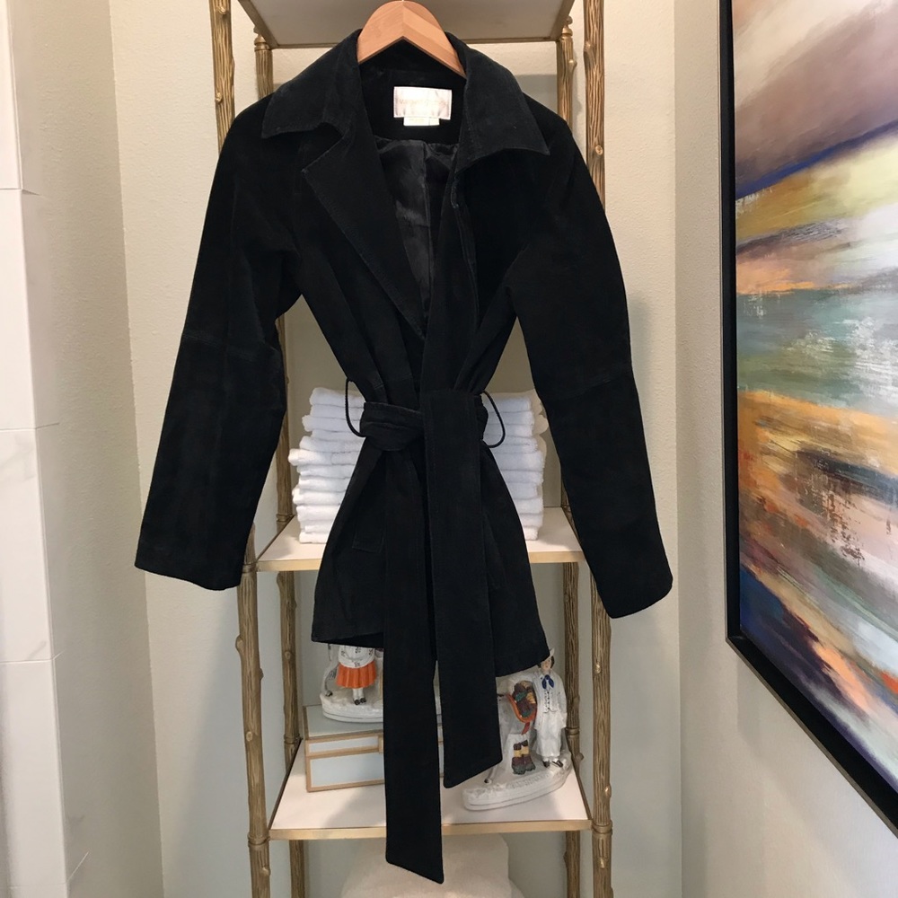 Vintage Leather Suede Wrap Coat Jacket w Pockets
